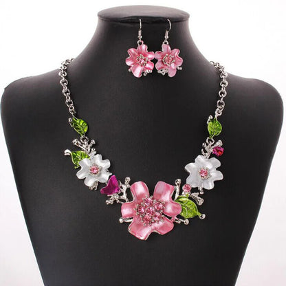 2Pcs/set Rhinestone Flower Necklace Earrings Set Luxury