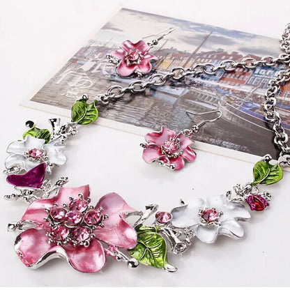 2Pcs/set Rhinestone Flower Necklace Earrings Set Luxury